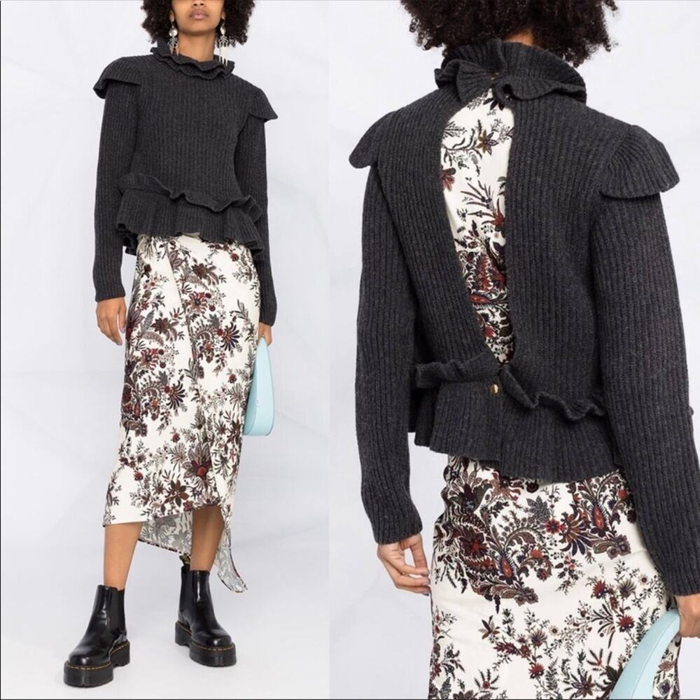 Ganni Phantom Gray Ruffle Open Back Wool Sweater XS NWT